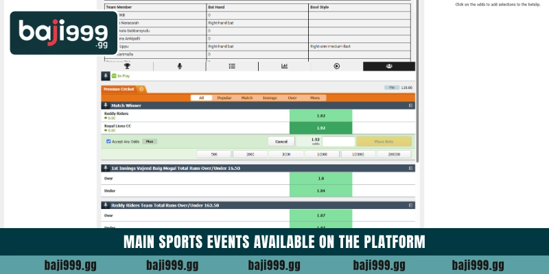 Main sports events available on the platform