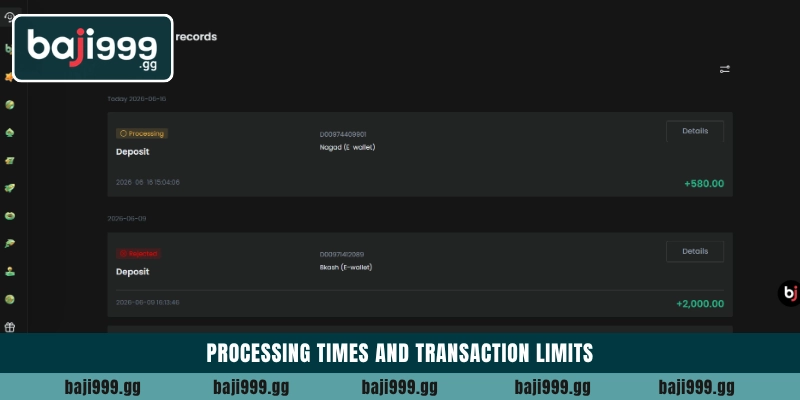 Processing times and transaction limits